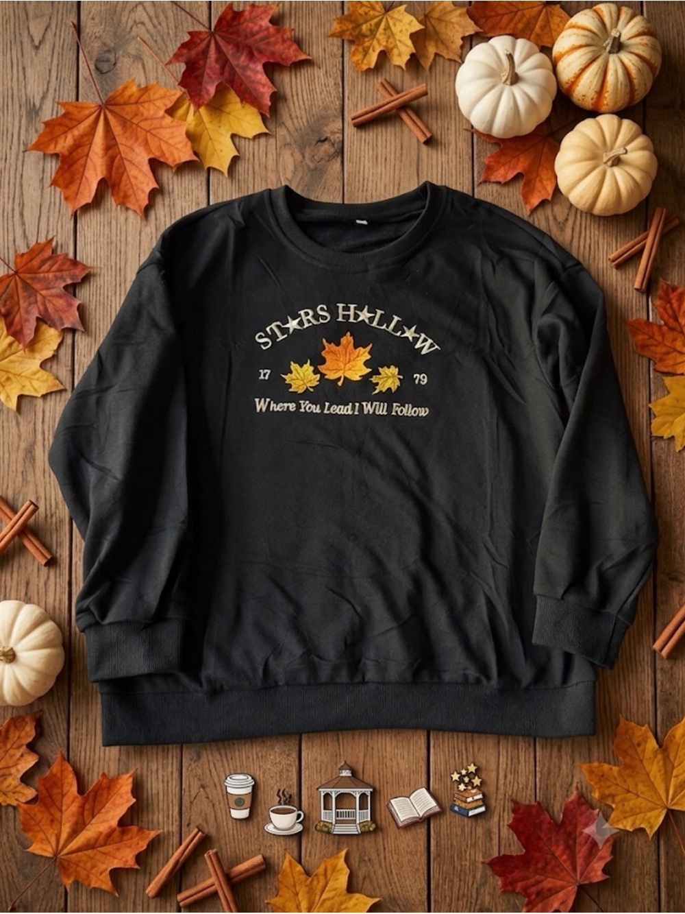 Black Crewneck Sweater with Autumn Leaf Graphic